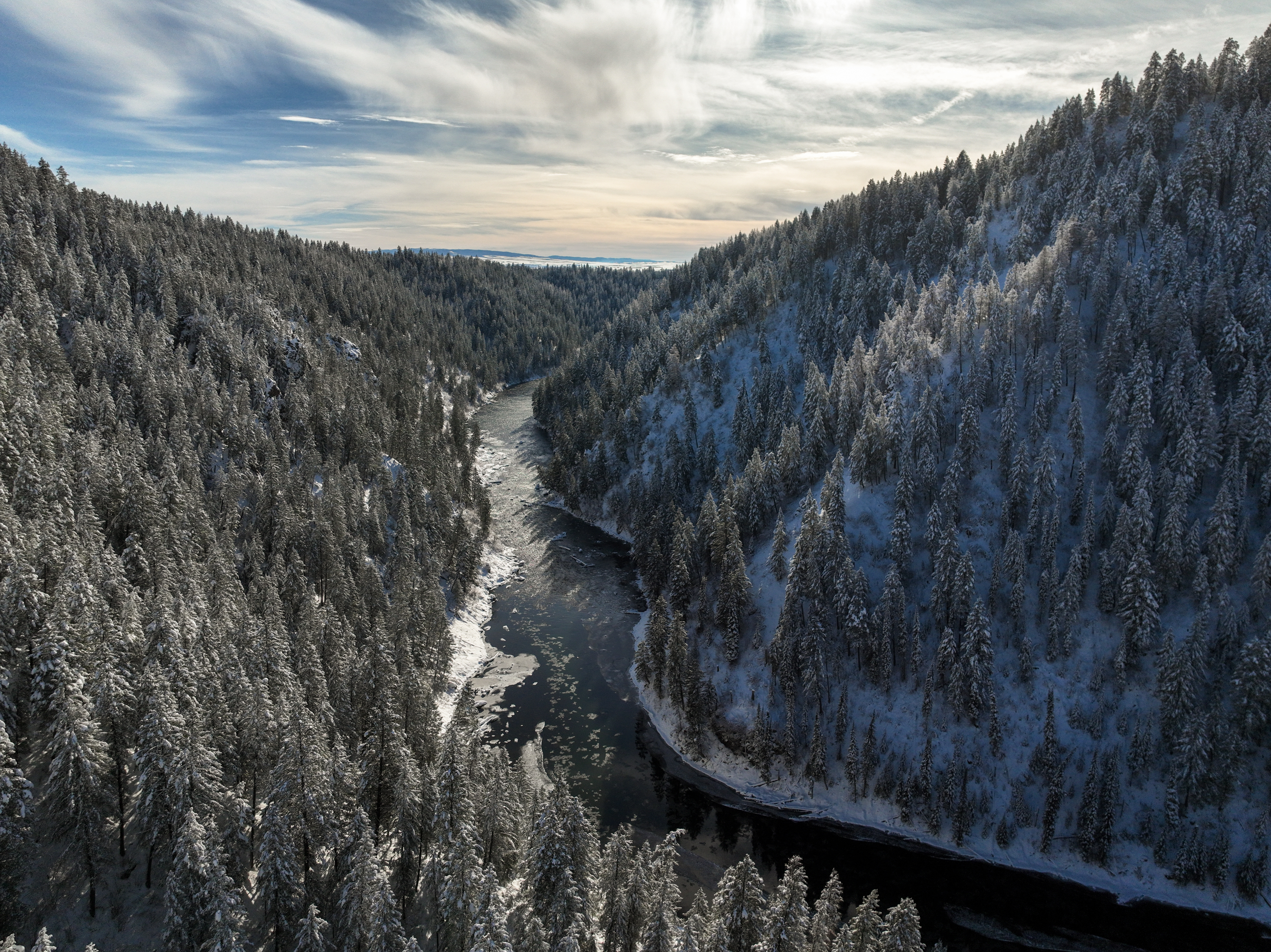 Drone photo of the snake river in the winter, near Mesa Falls.